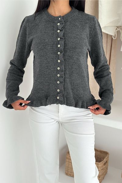 FEMELLE Antracit Buton Volanat Detaliu Textura moale Mărime standard Tricoturi Cardigan Tricot cu mânecă lungă Tricoturi Cardigan