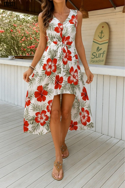 Modayakamoz Kadın Tulum Elbise Kolsuz V Yaka Desenli Süprem