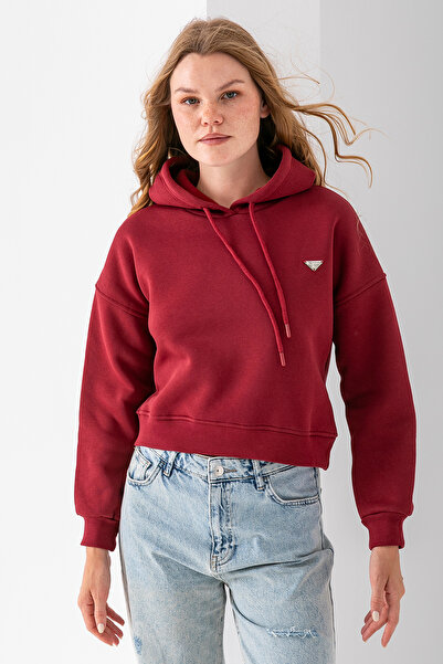 GİYSA Жіночий капюшонний модний аксесуар 3-нитковий кроп-светр бордовий - 2667