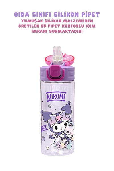 WİGGLE 500ml Kuromi Licensed Soft Silicone Lockable Water Bottle with Straw and Handle