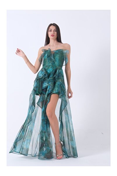 WeekJack Γυναικείο βραδινό φόρεμα σιφόν από σμαραγδένιο βολάν 5010802000