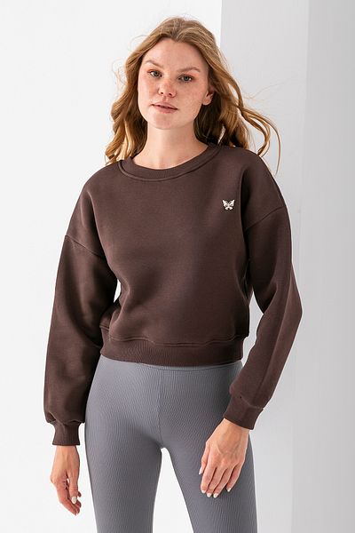 GİYSA Women's Crew Neck Butterfly Accessory 3 Thread Crop Sweatshirt Brown - 2670