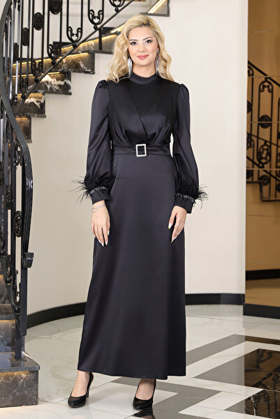 ELBENMODA Lara Tesettür Saten Abiye Elbise & Tüy & Taş & Toka Detaylı