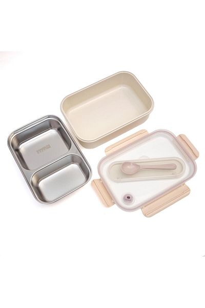 DNS Stainless steel children's casserole, transparent lid, 2 compartments, bento box, 800 ml, pink HM5851