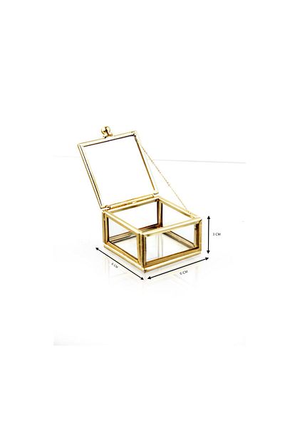 Lamsit Ibdaa Glass Trinket Box, Hexagon, Gold, Keepsake Organizer with Lid (Cubic)