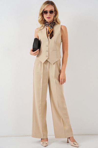 Merterium Women's Fabric Vest Trousers Double Suit Beige 1109