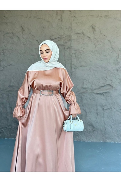 She Olive Zara Satin Belted Hijab Special Occasion Dress Mink
