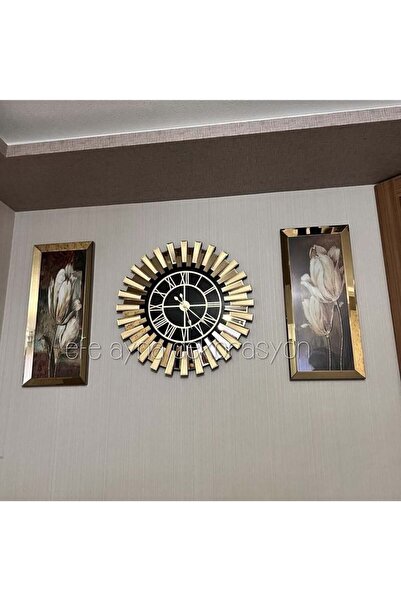 Efe Ayna PİYANO X-3LÜ GOLD AYNA DUVAR SAATİ VE TABLO SETİ-BÜYÜK(Duvar saati:8...