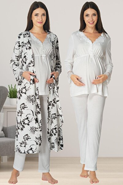 ByLohusa طقم بيجامة للحوامل من Effortt Ecru مع ثوب نوم