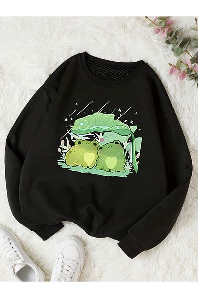 uyguntarz Unisex Cute Frogs Printed Oversize Sweatshirt
