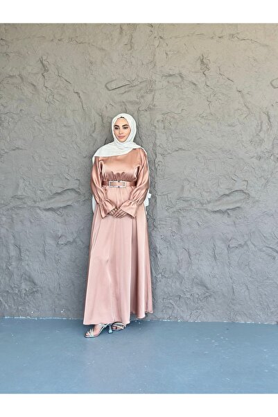 She Olive Zara Satin Belted Hijab Special Occasion Dress Mink