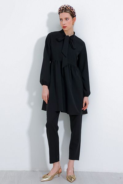 Merterium Women's Knitted Trousers Tunic Double Set Black 1094