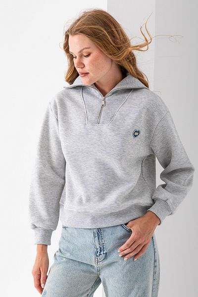 GİYSA Women's Half Zipper Stone Heart Embroidered 3 Thread Sweatshirt Gray - 2665
