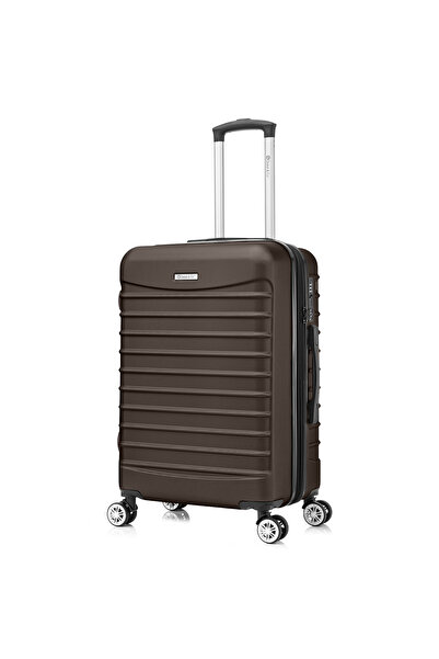 Quasar & Co. Medium expandable trolley 66x41x26-31cm, checked luggage, cipher trolley, 4 wheels, ABS suitcase, LINE, Dark Coffee