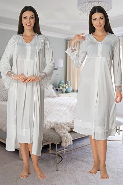 ByLohusa Set cămașă de noapte pentru maternitate Effortt Ecru cu halat de toa...