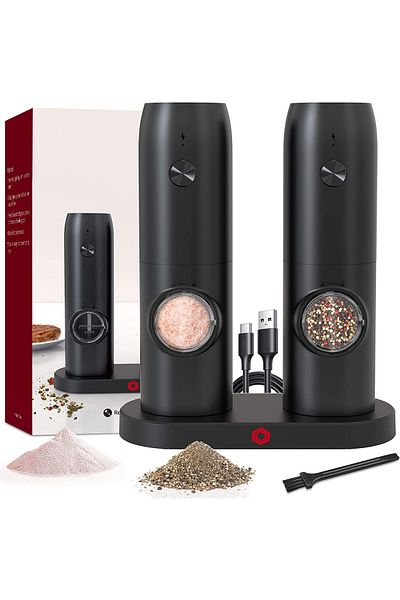 awwaline Set 2 râșnițe electrice pentru sare și piper, awwaline, negre, suport de încărcare USB, perie de curățare, LE