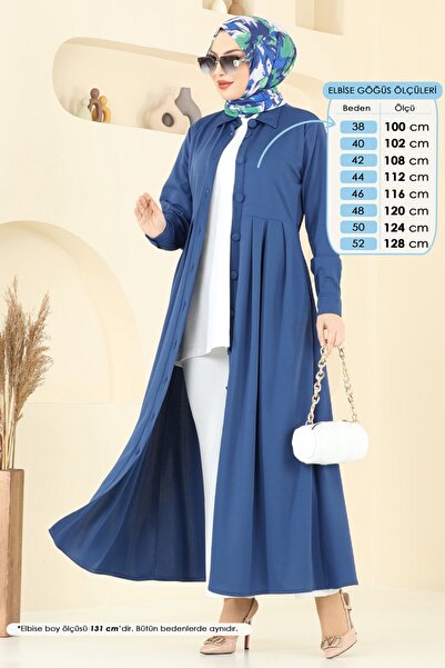 ModaMerve Önden Düğmeli Elbise Ferace 23008UKB139-MS İndigo