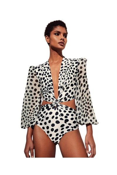 Mixbo Costum de Baie Intreg Mixbo, Maneci Lungi si Vaporoase, Imprimeu Buline, marime M