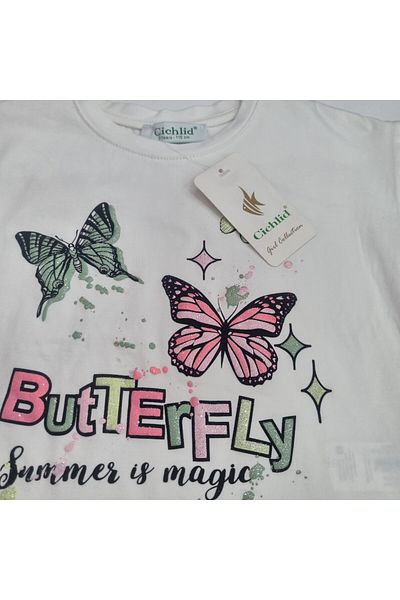 Uğur bebe Cicihlid Girls Butterfly Print T-Shirt and Pocket Shorts Set - Summer 100% Cotton Set of 2