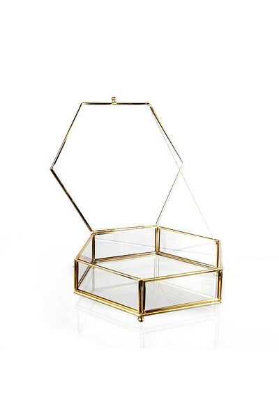 Lamsit Ibdaa Glass Keepsake Box, Hexagon, Gold, Medium (25x22x5 cm)