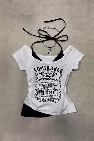 Karakedi Admirable Madonna Collar Patchwork Tie-Up White Short Sleeve Bodysuit
