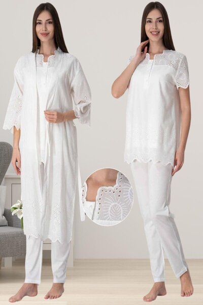 ByLohusa Effortt Ecru Scalloped Maternity Pajama Set with Dressing Gown