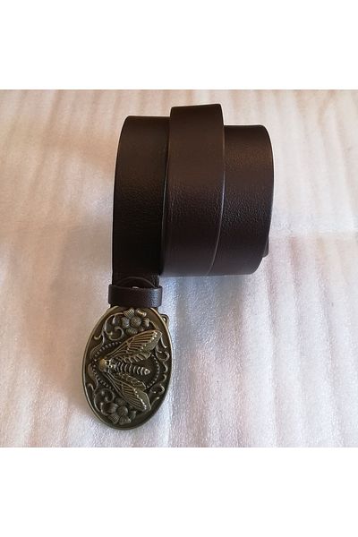 Butik Tülin Unisex Authentic Genuine Cowhide Coffee Bronze Floral Skull Butterfly Cowboy Buckle Belt