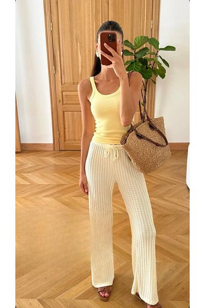 Ecenin Favorileri Inner Beli Eder - Self Patterned Comfortable Yellow Women's Trousers