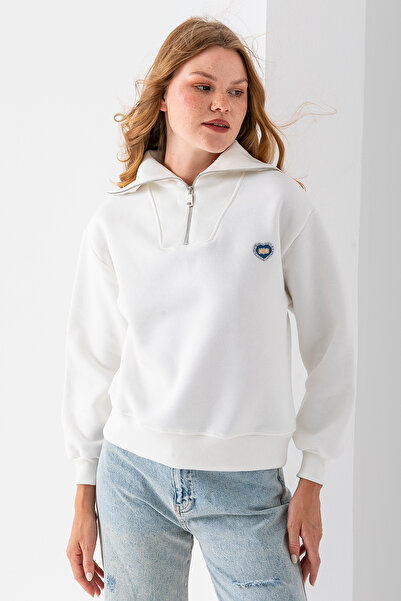 GİYSA Hanorac de damă cu jumătate de fermoar Stone Heart brodat cu 3 fire alb - 2665