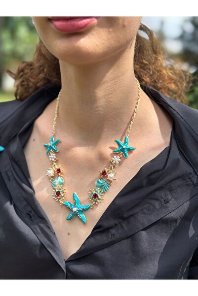 Gönülden Tasarım ÇELİK TURKUAZ DENİZ YILDIZI MİDYE KADIN KOLYE 26 CM