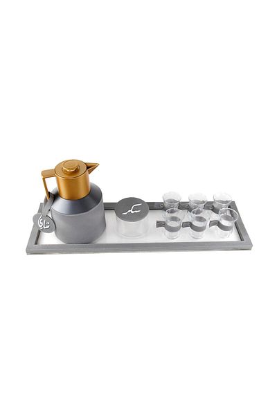 Lamsit Ibdaa Coffee Thermo Flask, Coffee and Tea Vacuum Pot, 1.0L Dallah, Grey, Tea, Rect Tray