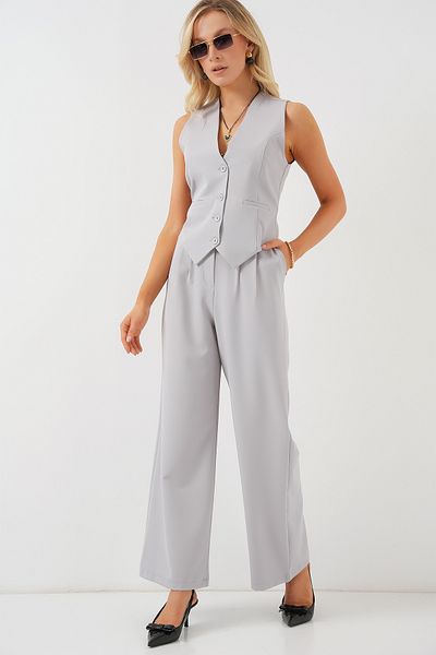 Merterium Women's Fabric Vest Trousers Double Suit Gray 1109
