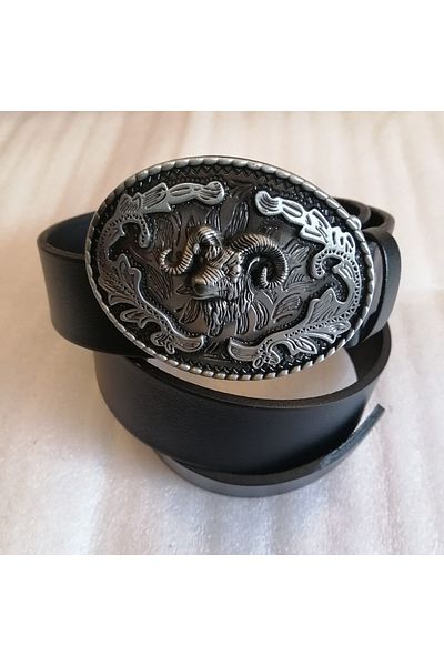 Butik Tülin Unisex Authentic Genuine Cowhide Leather Black Silver Metallic Pattern Ram Head Cowboy Buckle Belt