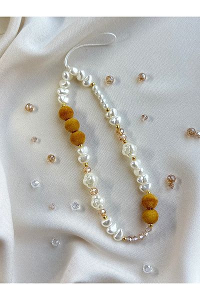 MİRAZ TASARIM Suede / Pearl and Crystal Beaded Phone Charmi Phone String
