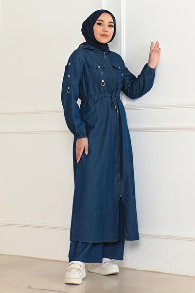 Missvalle Σετ τζιν με κουκούλα και κορδόνια στη μέση σκούρο μπλε 19235