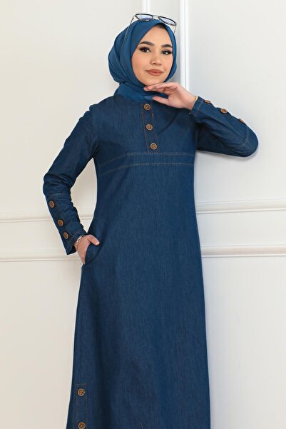 Missvalle Button Detailed Pocket Denim Dress Dark Blue 19234