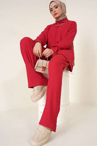 Merterium Women's Knitted Shirt Trousers Double Suit Red 1115