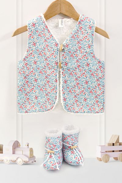 HAMUR Unisex Vest and Booties Set Set of 2 Double Sided Buttoned Newborn Cotton Sheep Hair Loom