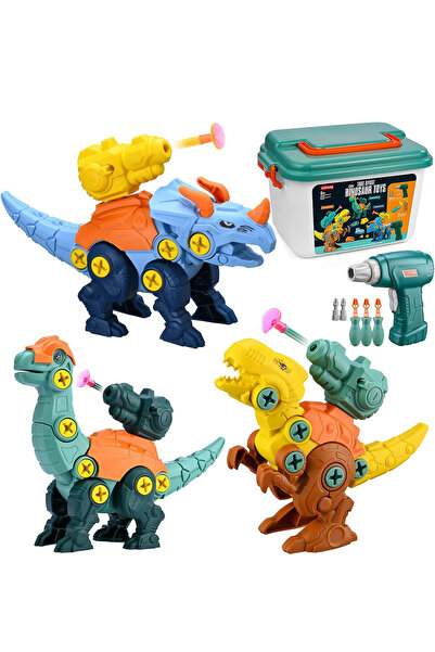 Yelajoy 3-Piece Take Apart Dinosaur Toys with Drill, Dinosaur Building Kit with Detachable Launcher