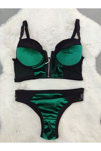 Love Angels - Economical Front Opening Zippered Velvet Fabric Soft Padded Bra - Underwear Set