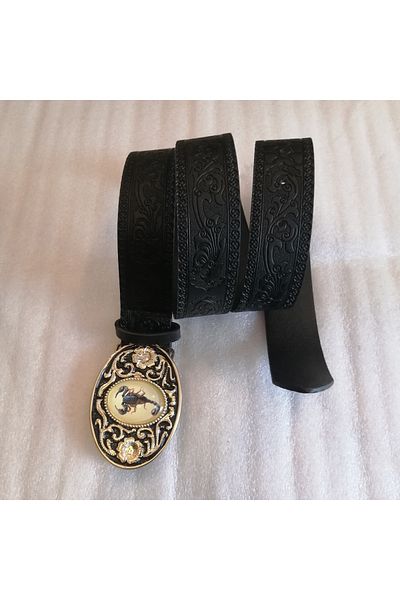Butik Tülin Unisex Authentic Faux Leather Black Flower Printed Gold Floral Scorpion Stone Cowboy Buckle Belt