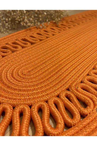 sfb Hand Knitted Jute Runner Oval Stripe Patterned Table Coffee Table Unite Top Decorative Cover Non-Slip Washable