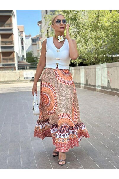 Kokoşum Butik 3013 Long Seersucker Skirt Orange