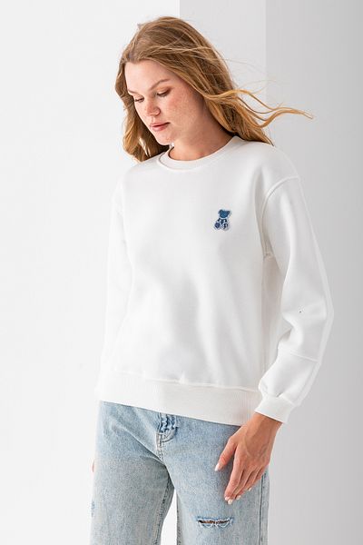 GİYSA Women's Crew Neck Stone Teddy Bear Embroidered 3-Strand Sweatshirt White - 2625