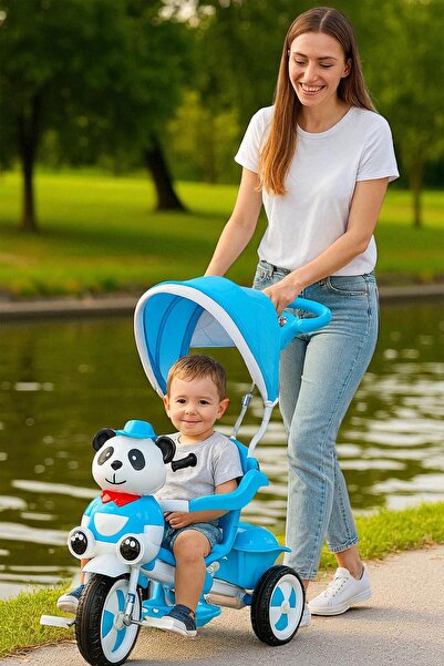 hak-iş oyuncak Panda Figürlü 3 Tekerlekli Mavi İtmeli Güneşlikli Çocuk Bisikleti