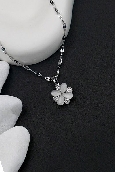 The Collection Flower Figured Zircon Stone Stone Silver Stainless Steel Women's Necklace