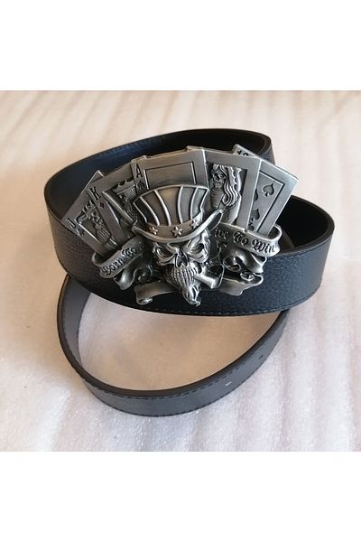 Butik Tülin Unisex Authentic Faux Leather Black Silver to Win Dog Poker Kent Skull Cowboy Buckle Belt