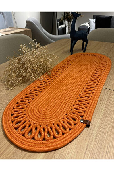 sfb Hand Knitted Jute Runner Oval Stripe Patterned Table Coffee Table Unite Top Decorative Cover Non-Slip Washable