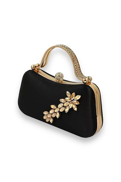 Famels Satin Evening Dress Bag Silver Crystal Stone Gold Metal Handle Evening Dress Bag