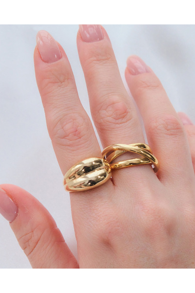 AURRARİ 2'li Gold Renk Çapraz Sarmal Ve Çift Bombeli Ayarlanabilir Yüzük Seti